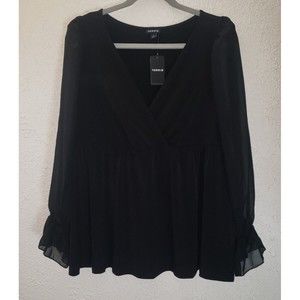 NWT Torrid Sz L / 0 Black Babydoll Blouse Top Long Sheer Ruffle Sleeves & Wrists